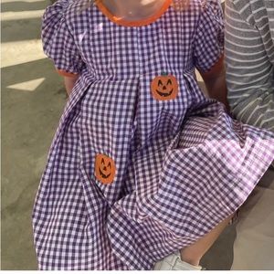 Purple gingham with pumpkin embroidery bishop dress
